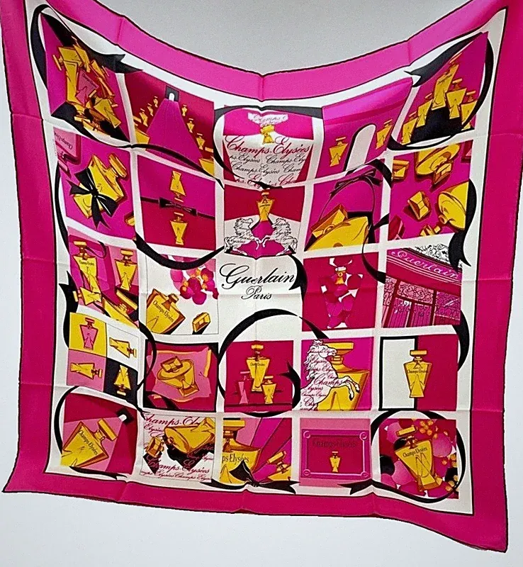 GUERLAIN Paris Champs Elysees Fragrance Printed Silk Scarf 37 Inch Square VG