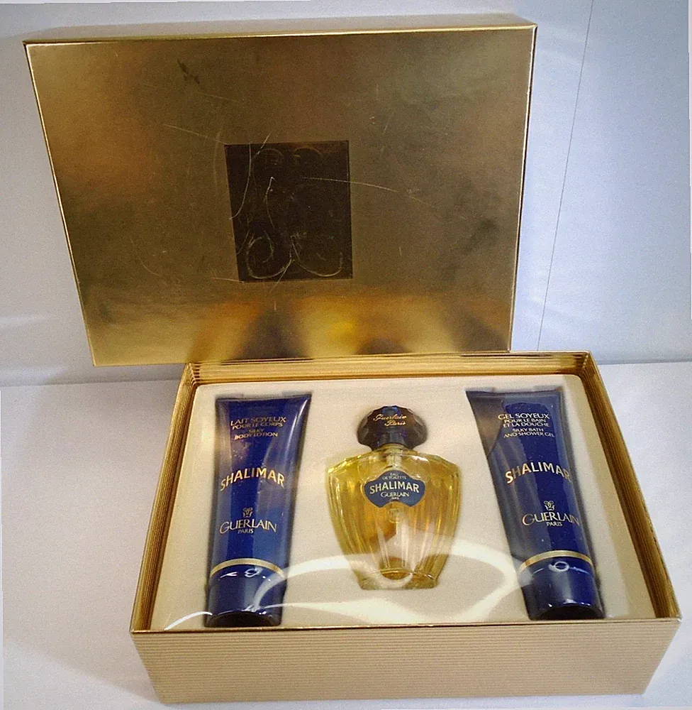 Vtg Guerlain Shalimar Perfume Gift Set 1.7 oz w/ Body Lotion & Shower Gel 2.5 oz